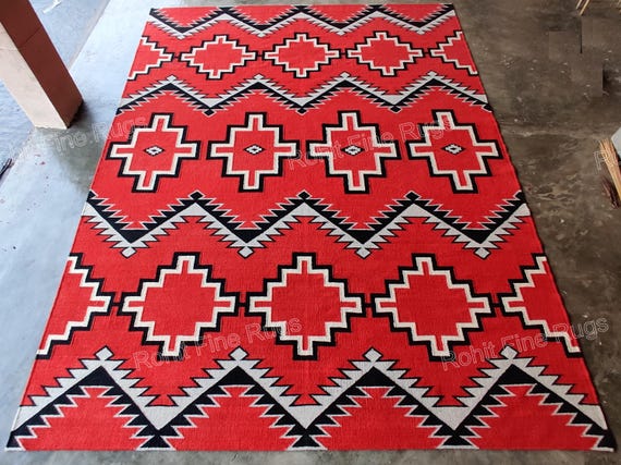 Navajo Rug ピクトリアル柄 9x12 Ft Handwoven Red Wool Navajo Rug Geometric Pattern Native