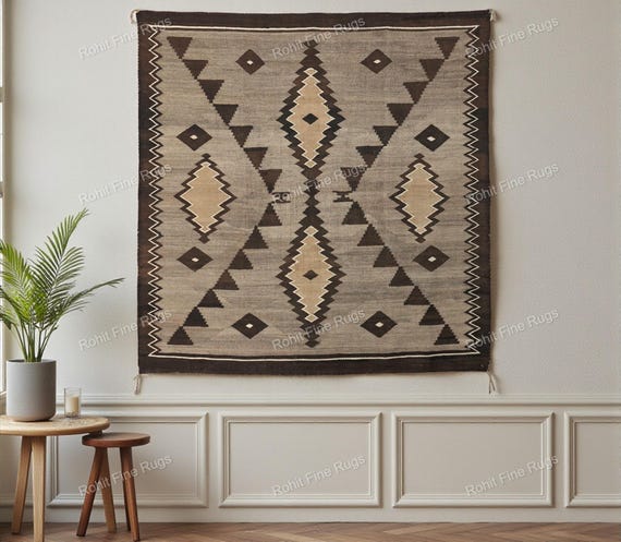 8x8 Ft Handwoven Wool Navajo Rug Modern Design Southwestern