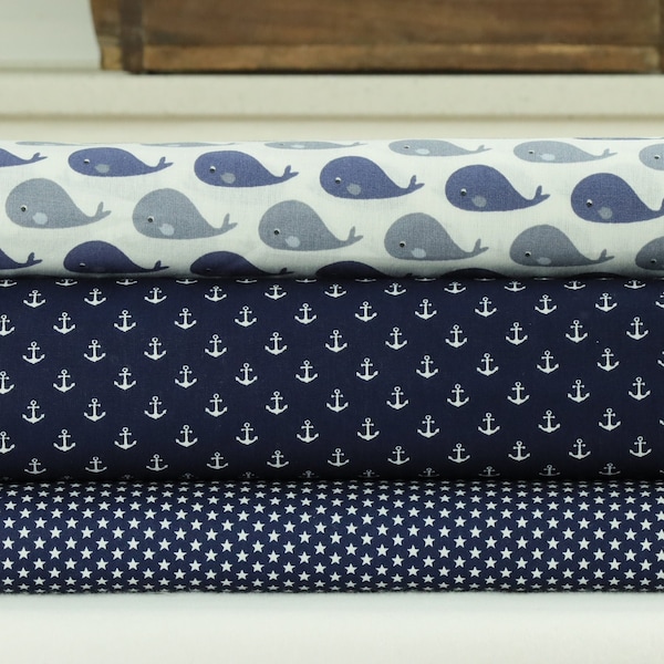 Fabric Package Cotton 3 Dark Blue White Whale Pattern