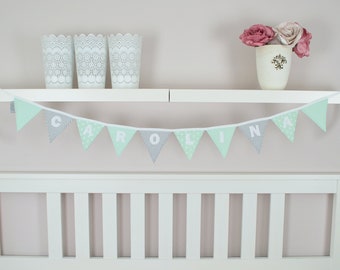 Wimpelkette mit Namen mint-grau handgenäht Kinderzimmer Girlande personalisiert Kidsroom Kinderzimmerdeko Baby