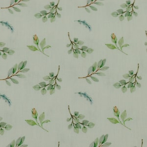Cotton fabric white with green branches by Stenzo | Cotton fabric | Webware | Roll