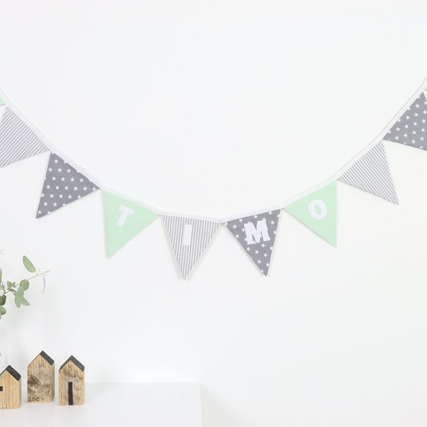 Pennant chain with name mint-grey hand-sewn children's room garland