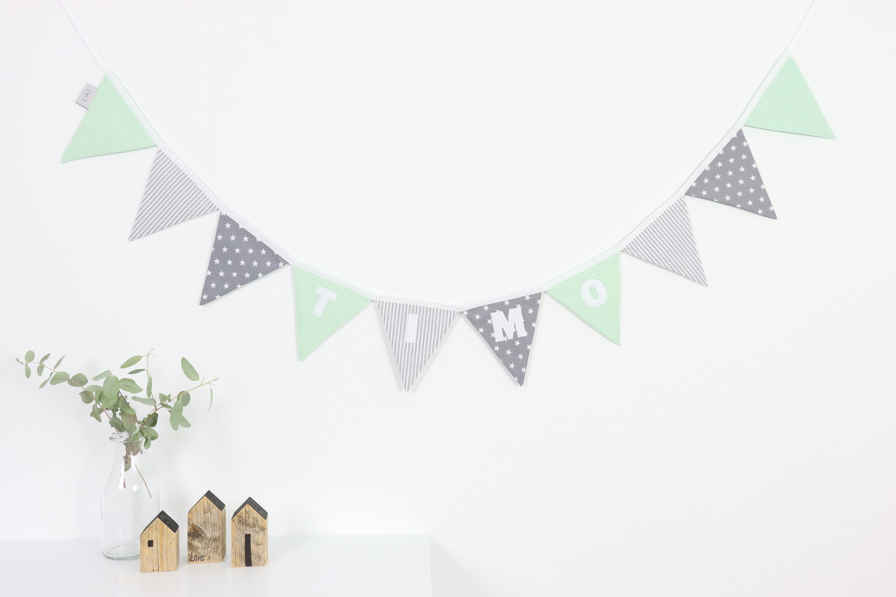 Chaîne Fanion Avec Prénom Guirlande Chambre D'enfant Gris Menthe Cousue Main - France