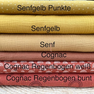 Pacchetto di tessuti in mussola color giallo senape, cognac e pois arcobaleno | Doppia garza | a partire da 25 cm | Tessuti per neonati | Set di tessuti boho o al metro