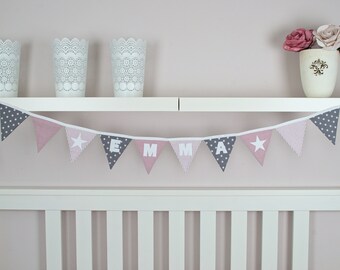 Wimpelkette mit Namen & Sternchen grau-altrosa handgenäht Kinderzimmerdeko