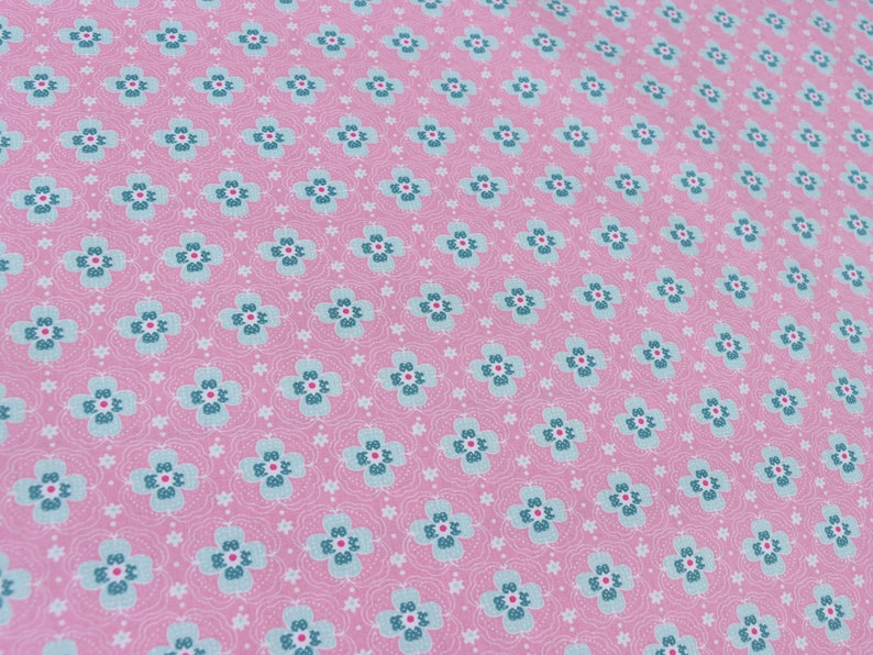 Coated cotton fabric pink mint flowers water repellent fabric cotton