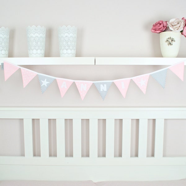 Pennant necklace with name & asterisks gray-light pink garland nursery