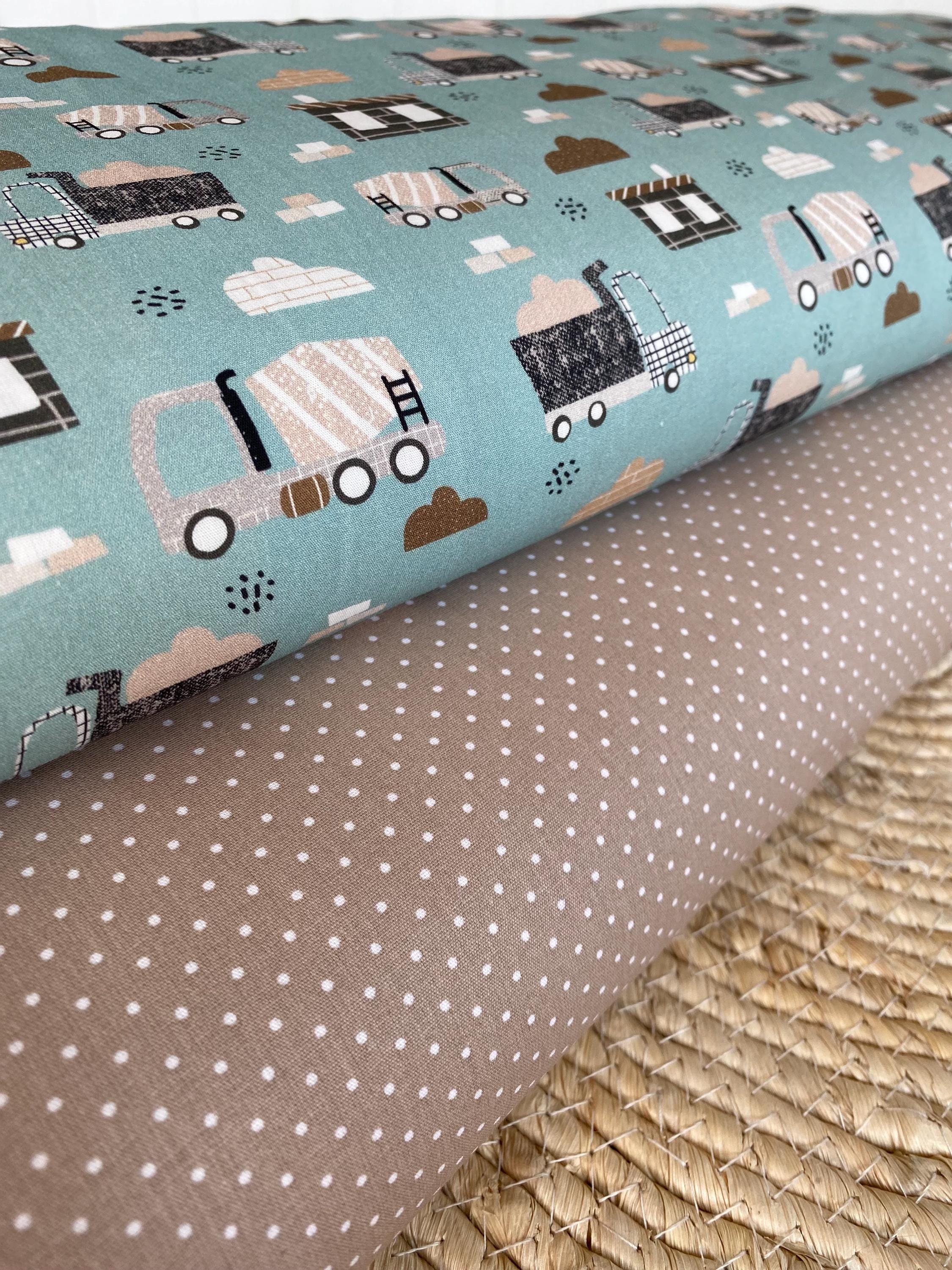 2-piece fabric package 100% cotton | 1 m cotton fabric dots beige pattern truck construction vehicles brown blue | Poplin woven fabric sewing kit sewing
