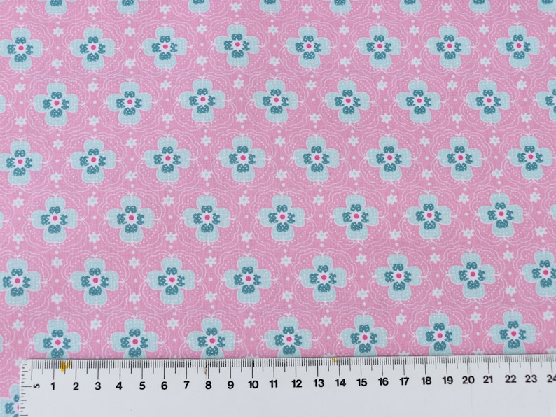 Coated cotton fabric pink mint flowers water repellent fabric cotton