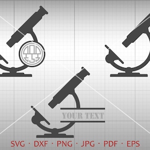 Puede incluir: Tres ilustraciones de siluetas de microscopios en blanco y negro. El primer microscopio tiene un icono de globo terráqueo. El segundo microscopio tiene el texto "YOUR TEXT". El tercer microscopio es una silueta simple.