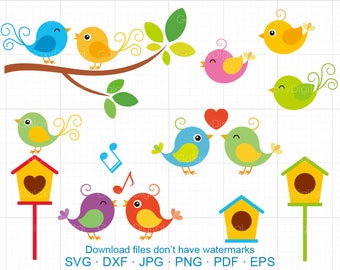 Cute Birds Clipart SVG, Singing Bird, Little Love Bird, Branch, Bird House SVG DXF Silhouette Cricut Cut Files Commercial use
