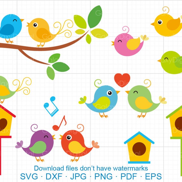 May include: A set of colorful bird illustrations with a variety of poses, including birds on a branch, birds in birdhouses, and birds singing. The illustrations are perfect for crafting projects, scrapbooking, or digital design.