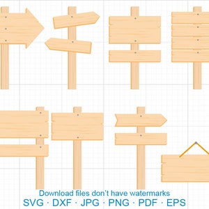 May include: Set of eight wooden signs with various shapes and sizes. The signs are all made of light brown wood and have a rustic look. Some signs have arrows pointing in different directions. The signs are perfect for adding a touch of rustic charm to any home or business.