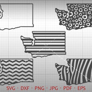 Mapa de Washington SVG, WA State Outline Clipart DXF Chevron Zebra Stripe Leopard Print Padrão Silhueta Cricut Cut Arquivo Vetor Uso Comercial