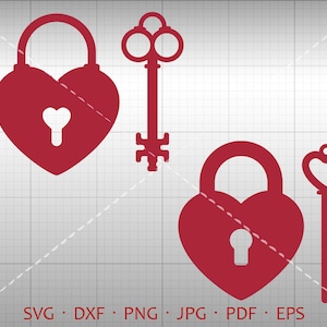 Chave de bloqueio de coração SVG, chave de bloqueio em forma de coração Clipart DXF silhueta Cricut arquivo de corte vetor uso comercial