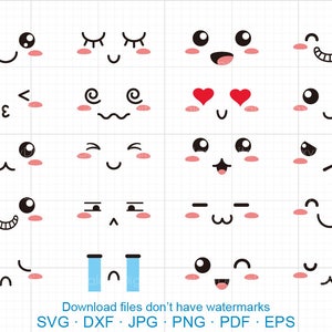 Süße Gesichter Clipart SVG, Kawaii Gesichtern SVG DXF Silhouette Cricut geschnitten Dateien kommerzielle Nutzung