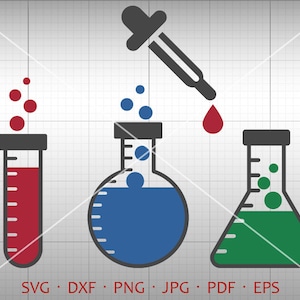 May include: Three beakers with different coloured liquids, a red, blue, and green liquid. A dropper with a red drop is above the beakers.