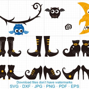 Halloween Witch Shoes SVG, Bat, Vine, Moon Witch Clipart SVG DXF Silhouette Cricut Cut Files Commercial use