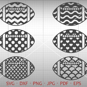 May include: Six black and white football-shaped cutouts with different patterns. The patterns include chevron, waves, polka dots, hearts, a grid, and scales.