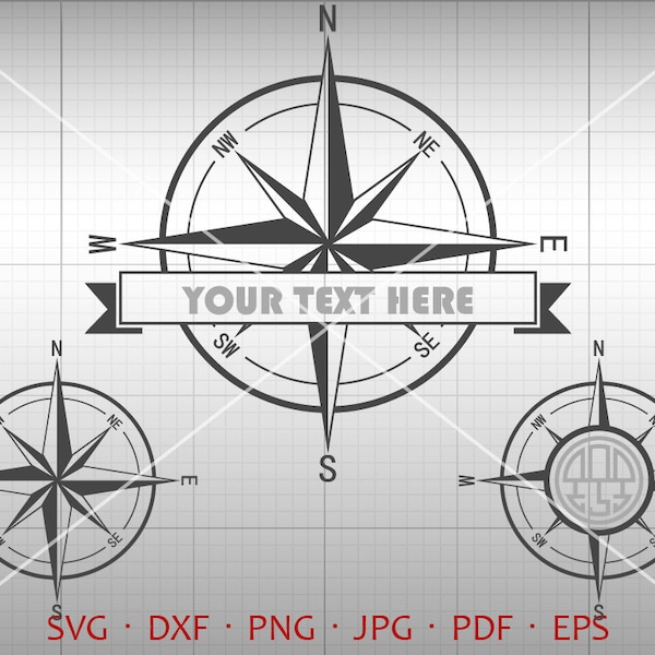 Navigation Compass SVG, Compass Monogram Frame , Compass Clipart Silhouette Cricut Cut Files (svg, dxf, eps, png, pdf)