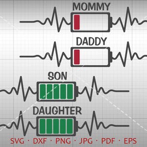 ハートビート低バッテリーママと息子SVG、パパと娘SVG、母の日クリップアートDXFシルエットクリカットカットファイルベクター商用利用