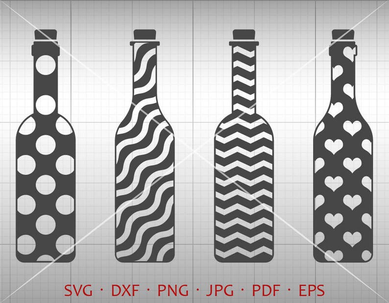 Wine Bottle Svg, Chevron Bottle, Polka Dot Bottle, Heart Bottle, Wave Bottle Clipart Silhouette Cricut Cut Files image 1