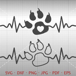Heartbeat Paw Print SVG, EKG Paw Print Clipart DXF silhouet Cricut Cut bestand Vector commercieel gebruik