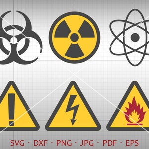 May include: A set of six black and yellow warning signs. The signs include a biohazard symbol, a radiation symbol, an atom symbol, an exclamation point, a lightning bolt, and a flame.