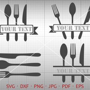 Utensilios de cocina SVG, marco de monograma de vajilla, Flourish cocina Clipart silueta Cricut corte archivo de uso comercial