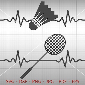 Heartbeat Badminton SVG, EKG Shuttlecock Racket Clipart Silhouette Cricut Cut File Vector Commercial Use