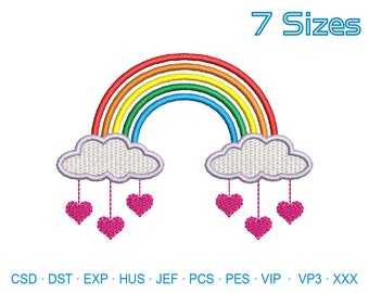 May include: An embroidered rainbow design with red, orange, yellow, green, and blue arches. Two clouds with pink hearts hanging below. The text "7 Sizes" is above the rainbow. Embroidery file formats are listed below.