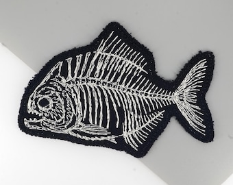 Piranha Skeleton Embroidered Patch, Fish Bone Canvas Applique Iron on