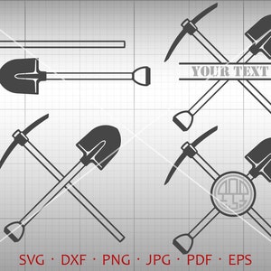 May include: A black and white illustration of a pickaxe and shovel crossed over each other. The tools are in a simple, minimalist style. The text "YOUR TEXT" is written in a banner above the tools.