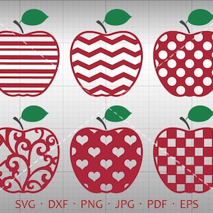 May include: Six red apple cutouts with different patterns: stripes, zigzags, polka dots, swirls, hearts, and checkered.  The apple cutouts are perfect for crafting and decorating.