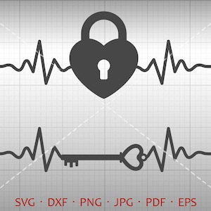 Herzschlag Herz Schloss und Schlüssel SVG, Dxf EKG Herz Schloss Clipart Vektor Silhouette Cricut geschnitten Datei kommerzielle Nutzung