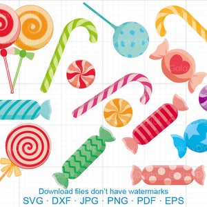 May include: A set of colourful candy illustrations, including lollipops, candy canes, and wrapped sweets. The sweets are in various shapes and sizes, with a variety of colours and patterns.