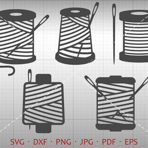 Könnte beinhalten: Sechs schwarz-weiße Illustrationen von Garnrollen mit Nadeln. Die Spulen sind alle gleich groß und gleich geformt, aber die Nadeln haben unterschiedliche Längen. Die Spulen sind alle mit Garn gefüllt und die Nadeln sind alle eingefädelt.