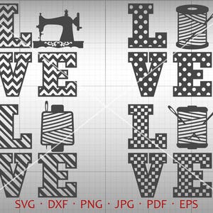 Puede incluir: Un archivo de diseño digital para un letrero de "LOVE" con temática de costura. Las letras están en diferentes patrones: chevron, rayas, lunares y cuadros. El diseño también incluye una máquina de coser y carretes de hilo.