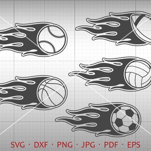 Sport Flame SVG, Football Basketball Soccer Baseball Volleyball Fire Flame Clipart DXF Silhouette Cricut Cut File Vector Commercial Use