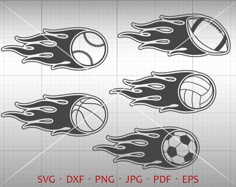 Sport Flame SVG, Football Basketball Soccer Baseball Volleyball Fire Flame Clipart DXF Silhouette Cricut Cut File Vector Commercial Use