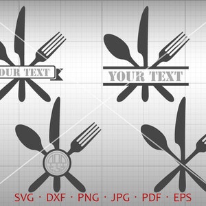 Utensilios de cocina SVG, tableware Monogram Frame , Flourish cocina Clipart Silueta Cricut Corte Archivo de uso comercial