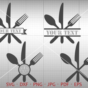 Kitchen Utensils SVG, Tableware Monogram Frame , Flourish Kitchen Clipart Silhouette Cricut Cut File Commercial Use