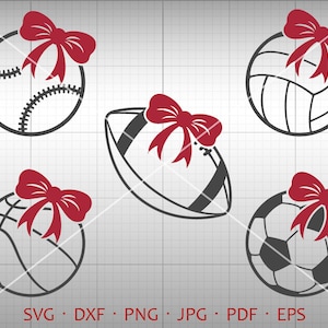 Bow Sport SVG, Football Basketball Soccer Baseball Volleyball with Bow Clipart DXF Silhouette Cricut Cut File Vector Commercial Use