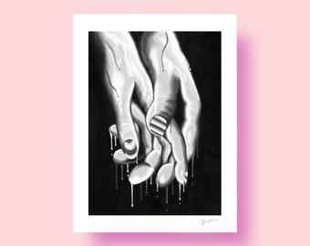 Holding Hands b&w - Erotic Art GICLÉE Print Illustration Wall Art Poster Home Decor Acrylic Painting Fine Art Figurative Romance Love Couple