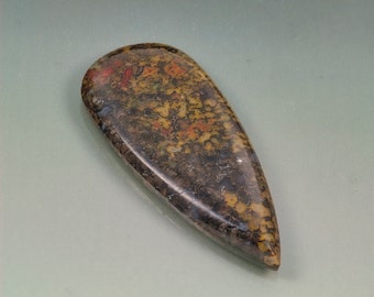 Dinosaur gem bone pear shape cabochon polished both sides wire wrap. Brown yellow designer gemstone 22 mm x 52 mm x 5 mm deep.