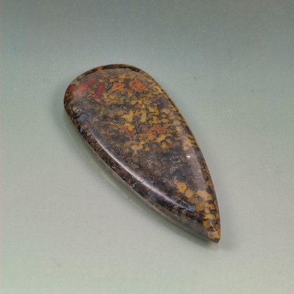 Dinosaur gem bone pear shape cabochon polished both sides wire wrap. Brown yellow designer gemstone 22 mm x 52 mm x 5 mm deep.