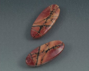 Jasper pair cabochons for earrings long oval gemstones polished both sides matched pair 25 mm x 10 mm x 3 mm deep. 17 carats.