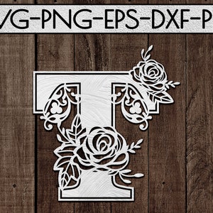 modèle floral de coupe de papier de police t, coupe laser, idées de cadeau de jour de mariage, svg de mariage, carte, imprimable, silhouette de cercle, cricut, dxf, eps, png
