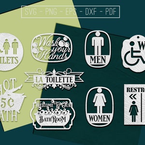 Modelli di taglio carta bundle per servizi igienici, file di taglio, bagno, segno servizi igienici, file di taglio SVG disabilitato, vettore laser, silhouette, cricut, DXF, PDF