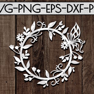 spring wreath papercut template svg file, flower wreath, silhouette, door hangers, vinyl cut, laser vector, silhouette cameo, cricut dxf pdf